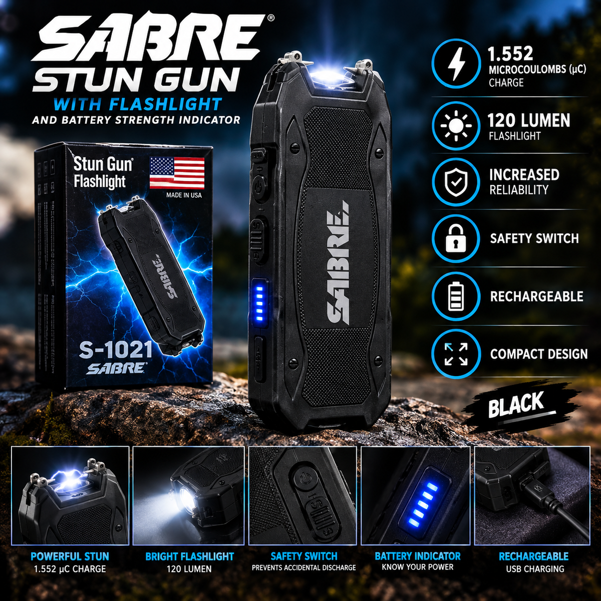 Sabre Stun  with Flashlight and Battery Strength Indicator, 1.552 Microcoulombs (µC) Charge, 120 Lumen Flashlight, Increased Reliability, Safety Switch, Rechargeable, Compact Design, Black