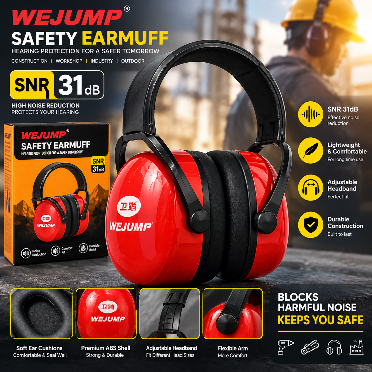 Wejump SNR 31dB Safety Earmuff Defenders Sound Insulation Ear Muff