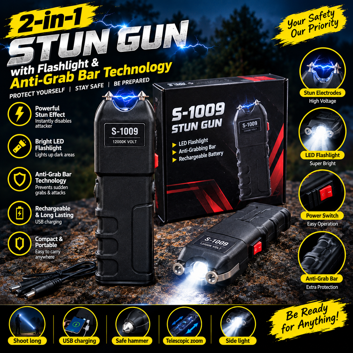 2-in-1 Stun  with Flashlight & Anti-Grab Bar Technology