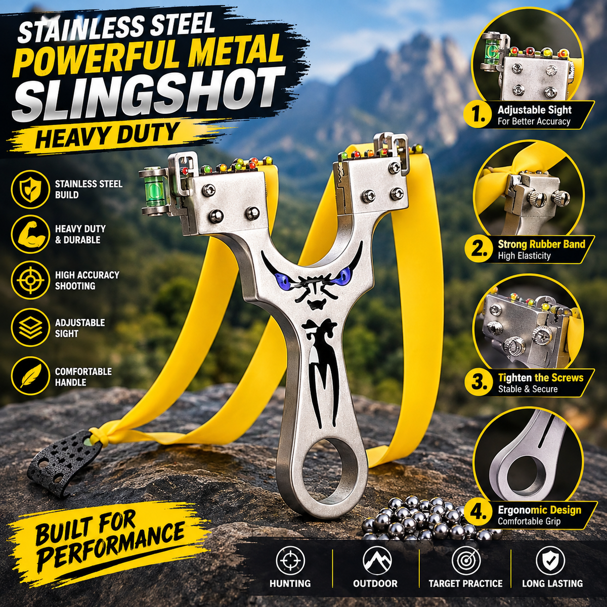 STAINLESS STEEL POWERFUL METAL SLINGSHOT HEAVY DUTY